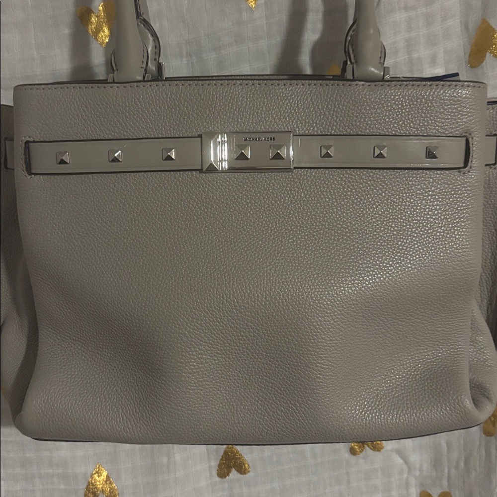 Gray Leather Tote Bag with Stud Accents